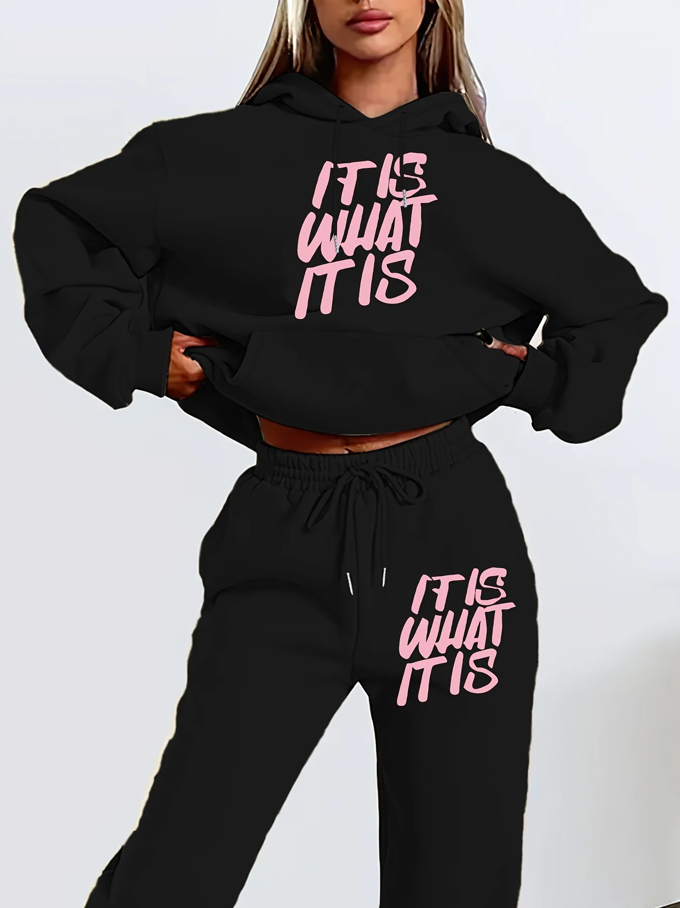 

Women's autumn and winter hoodie+sweatpants set, street casual fashion, letter printed fashion, plus plush warm clothing