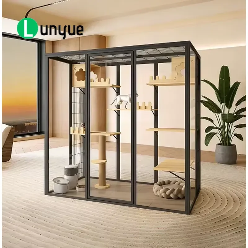 Eco-friendly Luxury Wooden Cat House Indoor Activity Area with Breathable Mesh Door Secure Room for Kittens and Adult Cats