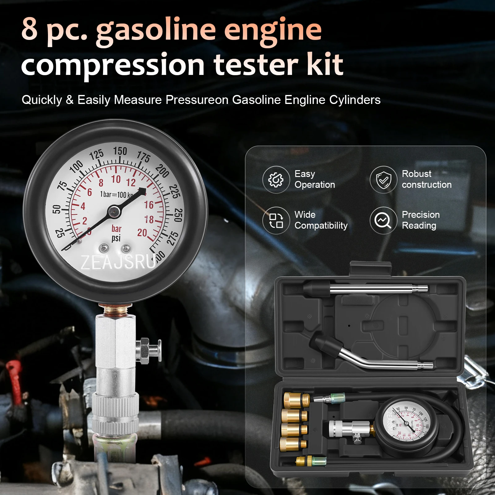 Engine Compression Tester Kit 8PCS, 0-300 PSI Cylinder Pressure Test Tool for Gasoline Engines on Cars, Motorcycles, ATVs & Smal