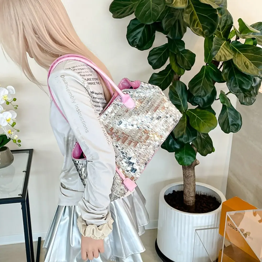 ポータブル光沢のあるスパンコールトートバッグファッション大型グリッターショルダーバッグスパンコール付きアンダーアームバッグイブニングバッグアウトドア