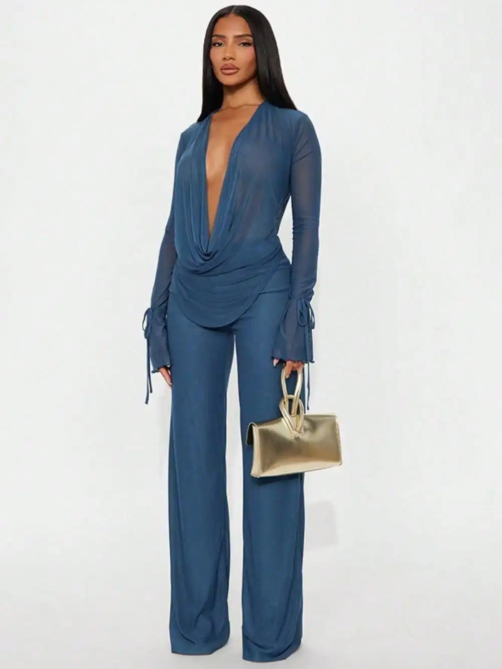 

Women's Deep V-Neck Draped Long Sleeve Top & Wide Leg Pants Set