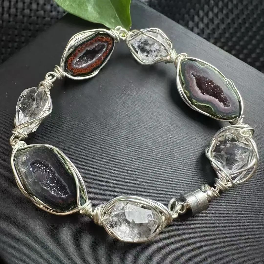 

Unit One Bracelet Copper Inlay Natural Herkimer Diamond/Agate Geodes Crystal Stone Bracelet for Meditation