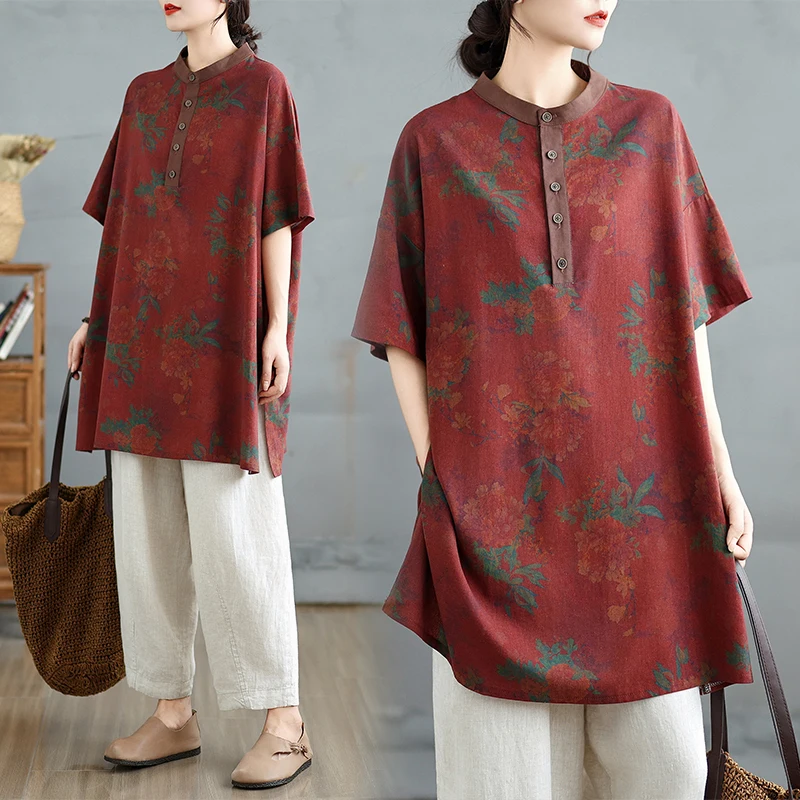 

Новая женская льняная блузка с круглым вырезом и принтом 2026 года, больших размеров, в модном китайском стиле, базовая рубашка для повседневной носки, удобная, с художественным дизайном