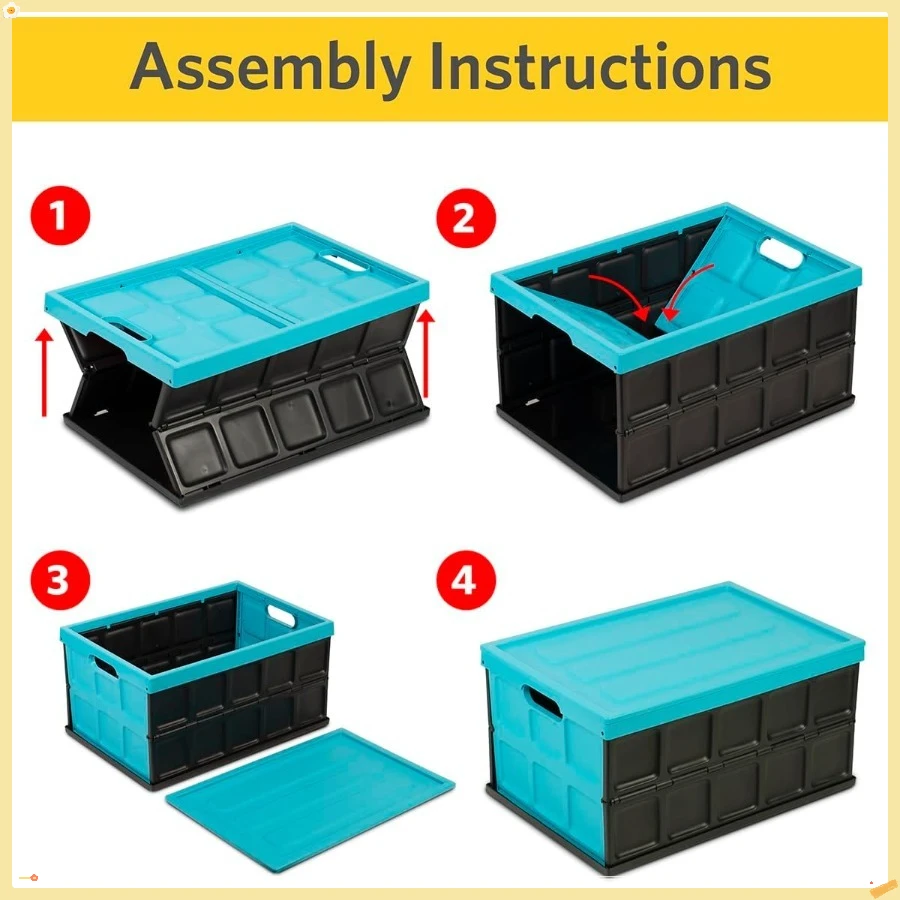 Collapsible Storage Bin with Lid - 48L Foldable Plastic Box , Organization - Stackable Lidded Container with Handles, Turquoise