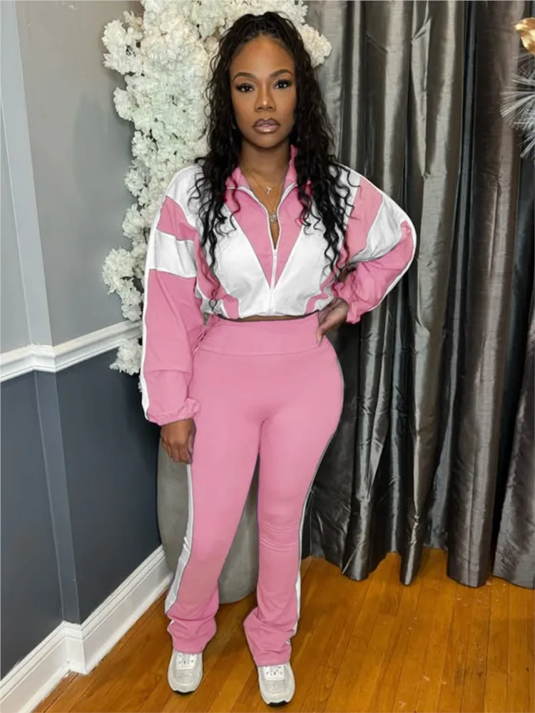 

Women's Spring Summer New Fashionable Elastic Buckle Waist Color Block Splicing Contrast Sports Leisure Two Piece Pants Set