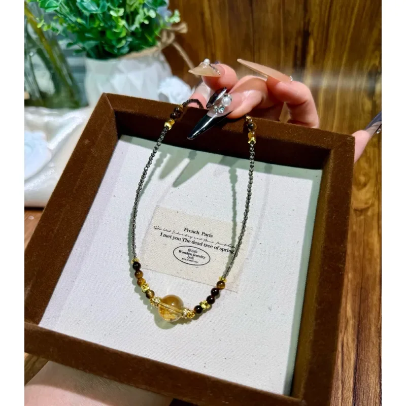 Citrine spinel tiger's eye necklace New Chinese retro niche Maillard style tiger's eye collarbone chain