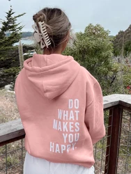 DO WHAT MAKES YOU HAPPY letter print hoodie, drawstring casual hooded sweatshirt for fall & spring, youthful women's clothing