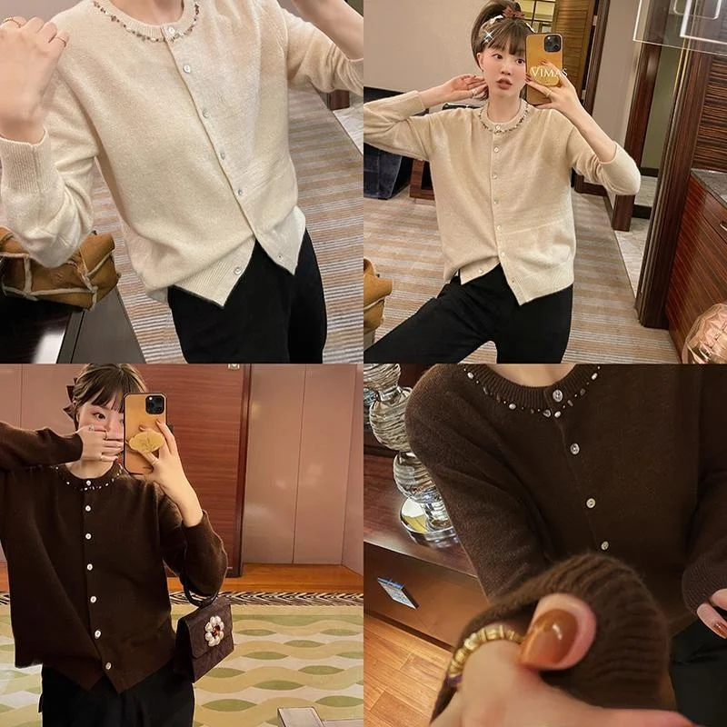 

Вязаный вручную кардиган VIMAS65 с бусинами, 35% шерсть, комфортный, приятный к телу, для повседневной носки, с круглым вырезом, открытый