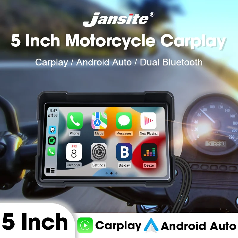 Jansite 5 Inch Motorcycle DVR IPS Screen Front and Rear Camera Dash Cam Wireless Carplay Android Auto Bluetooth GPS Navigation