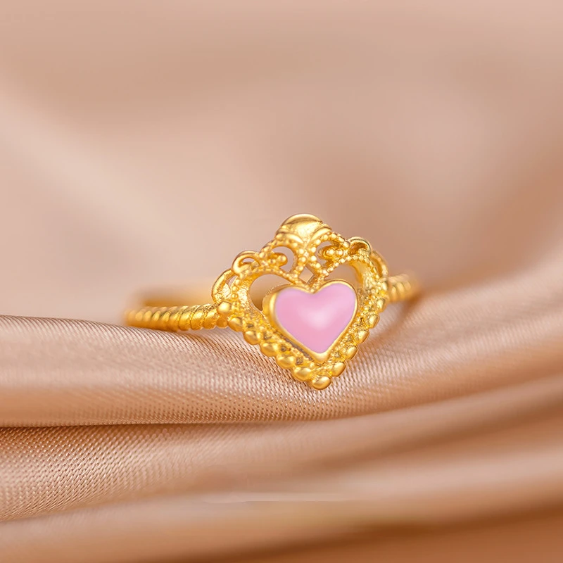 

Cute Pure 14k Gold Color Pink Love Ring for Women Bride Wedding Birthday Valentine's Day Ring Jewelry Gifts