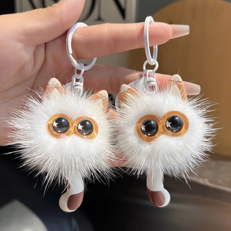 1個入り 可愛い本物のミンクファー子猫カーキーホルダーぬいぐるみボールキーリングペンダントドールバックパックチャーム女性女の子向けギフトキーホルダー