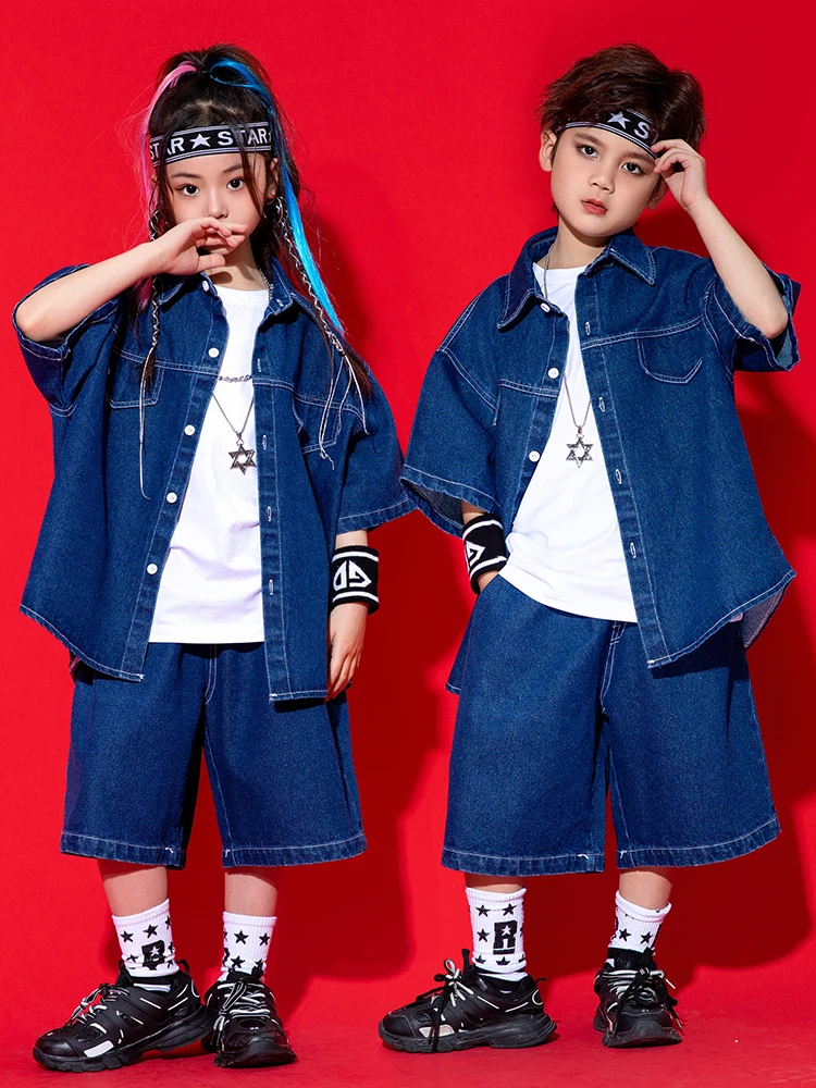 Denim Suit For Children Hip Hop Costume Loose Coat Shorts Boys Casual Street Dance Clothing Girls Jazz Performance Outfit L10745