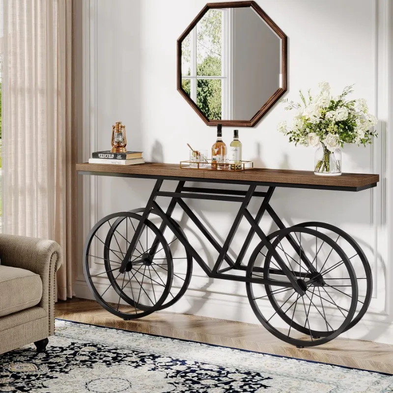 Wooden console table, extra-long sofa table, new family furniture design with bicycle base