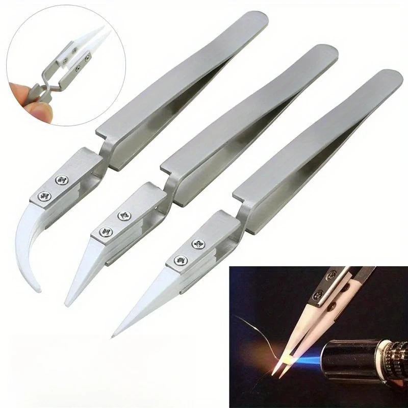 Pack Ceramic Straight Tip Electronic Soldering Tweezers, Anti-Static Reverse Acid Resistant Precision Chuck Ceramic Tweezers