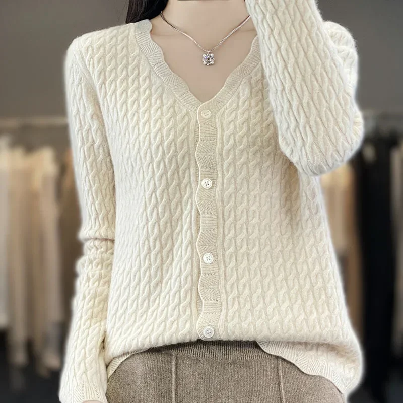 100% Austrilian Wool Women\' Autumn and Winter V-neck Twisted Wool Loose Fit High Stretch Sweater Knitted Sweater Cardigan