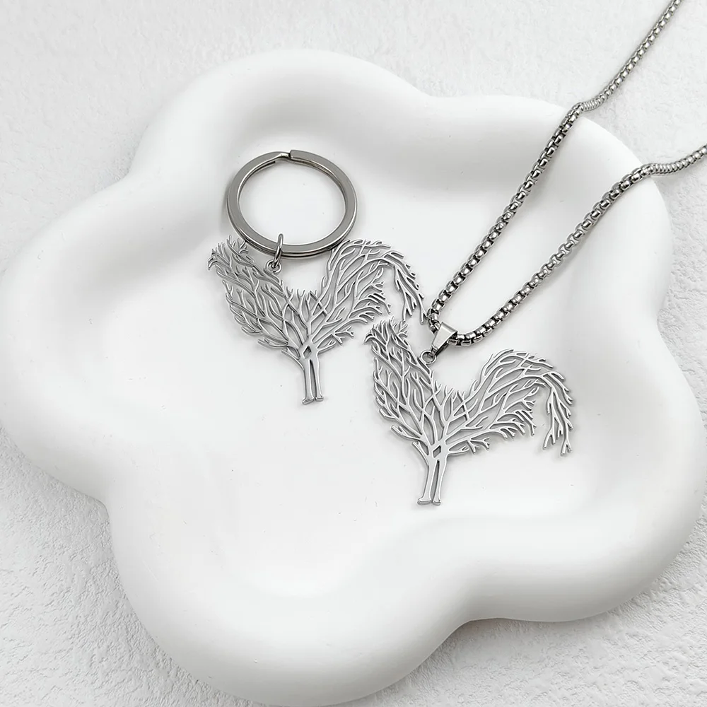 Cut‑Out Rooster Tree Shape Necklace Keychain 316L Stainless Steel Hollow Charm Unisex Daily Wear Jewelry Gift
