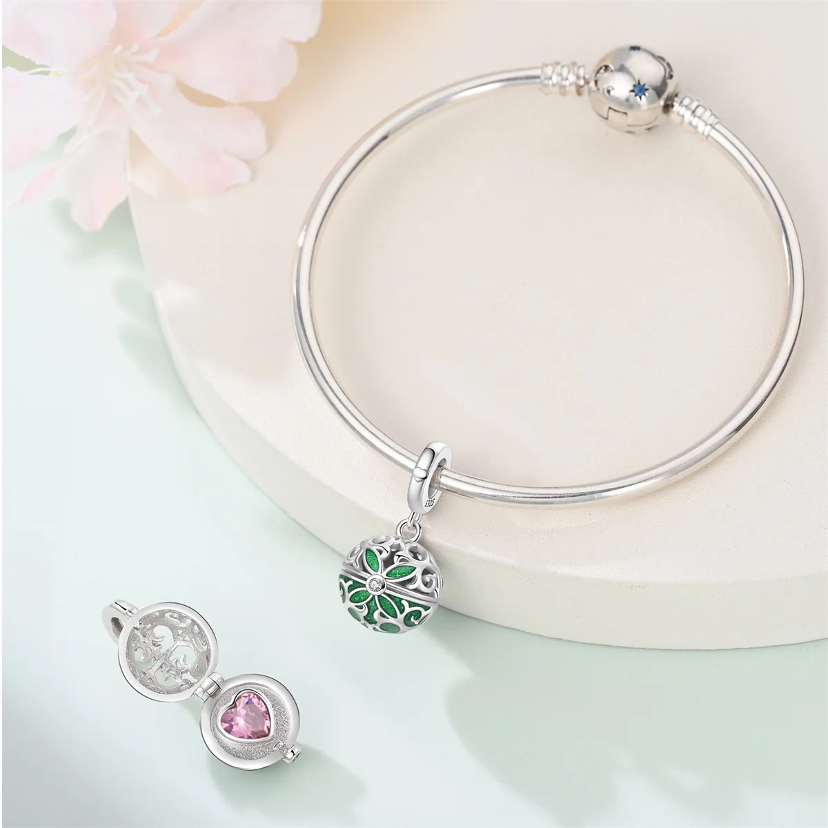 s925 Silver Green Zircon Vintage Pendant Pink Heart Floral Beads Fit Original Bracelet Jewelry Making Gift Diy Accessory