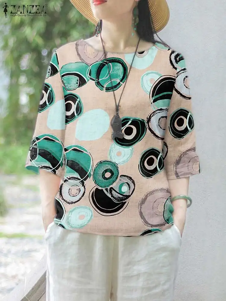 ZANZEA Casual Loose Cotton Linen Shirt Women 3/4 Sleeve Blouse Bohemian Circle Print Blusas 2024 Summer Round Neck Tunic Tops