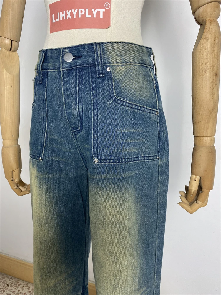 المرأة خمر الأزرق القديم عالية الخصر واسعة الساق للجنسين الجينز فتاة باردة الشارع الشهير سراويل أنيقة الإناث تصميم مستقيم بنطلون