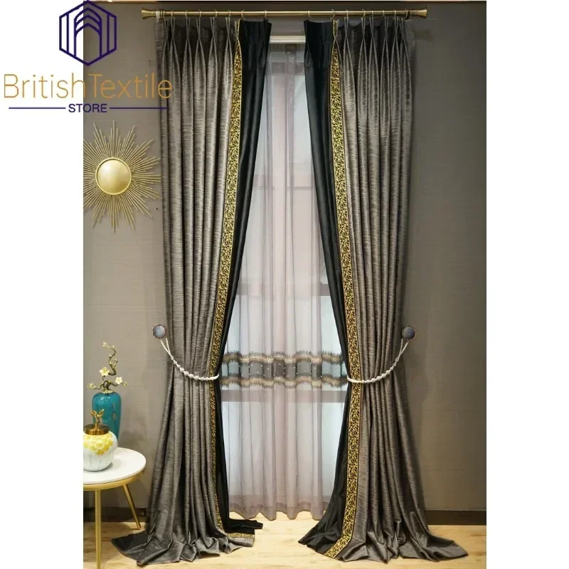 European Velvet Blackout Grey Luxury Curtains for Living Room Tulle Vintage Golden Lace Stitching Bedroom Custom Dining Room