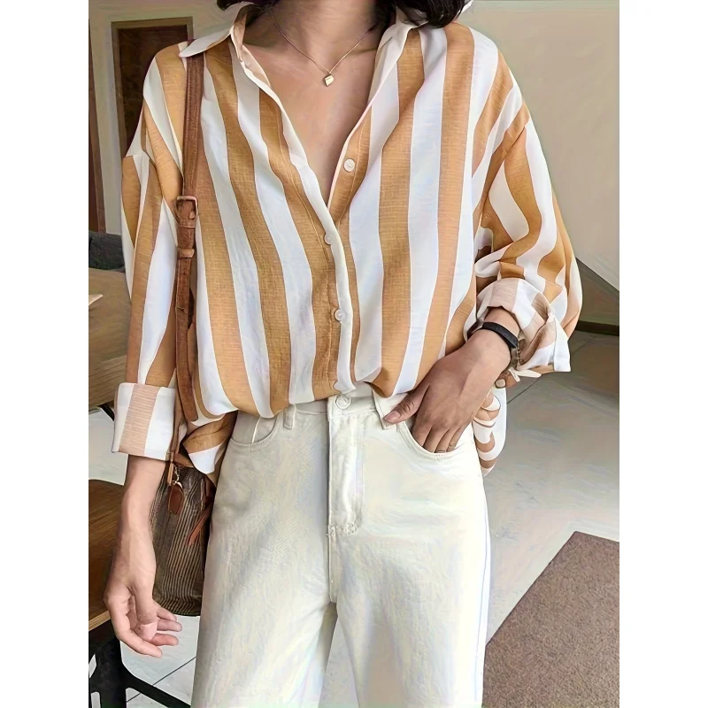 

Women'S Long-Sleeve Loose-Fitting Striped Shirt Spring And Autumn, Featuring a Unique Korean Design
