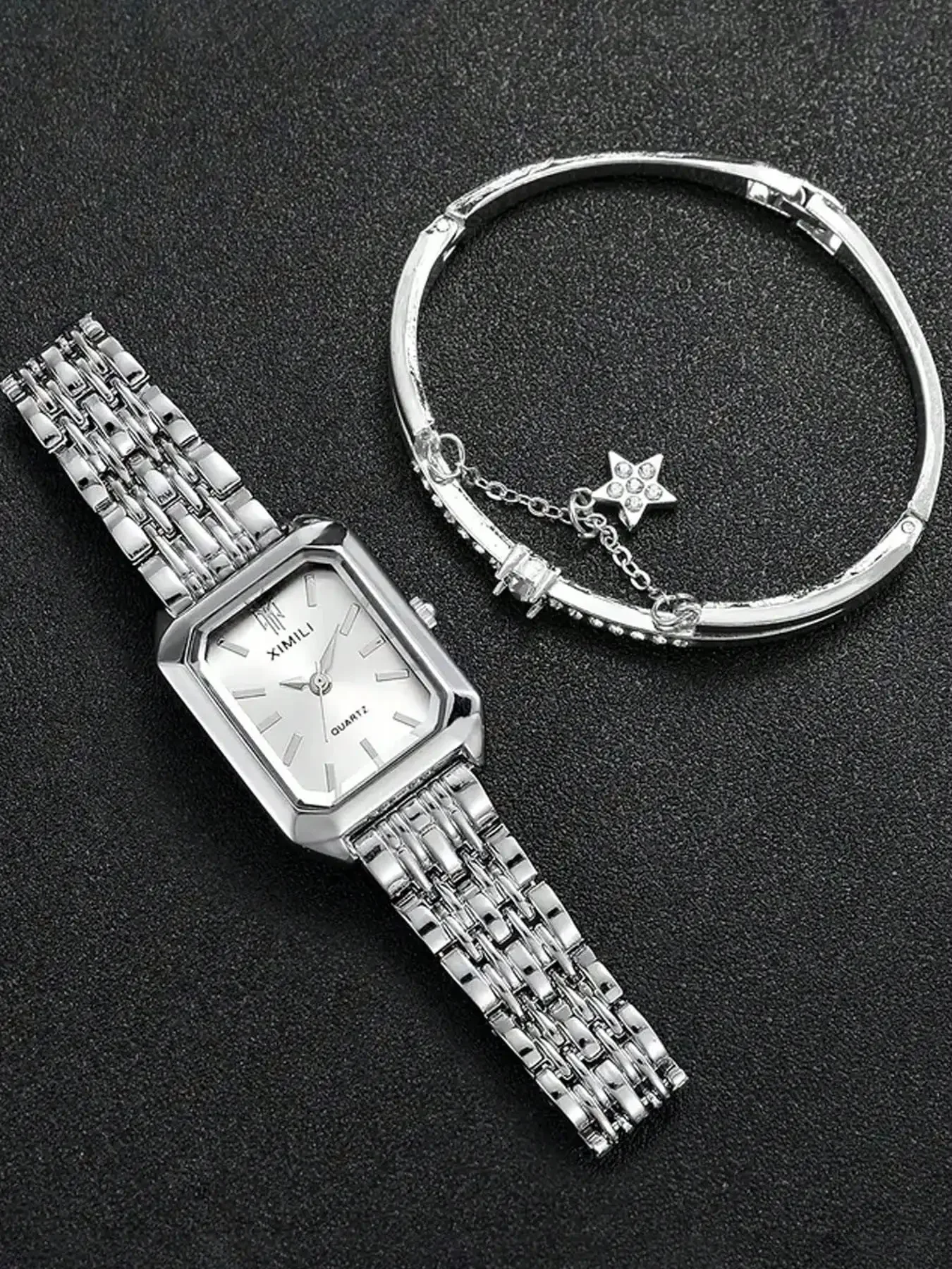 Simple and versatile square quartz watch with steel strip, fashionable student watch for women and star bracelet