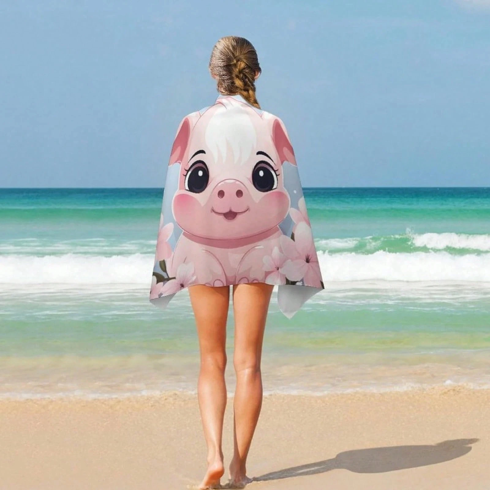 Pink Floral Piggy Beach Towel–Premium Microfiber, Sand Free, Breathable,Large Size – Poolside Lounging Decor–Animal Print Towel