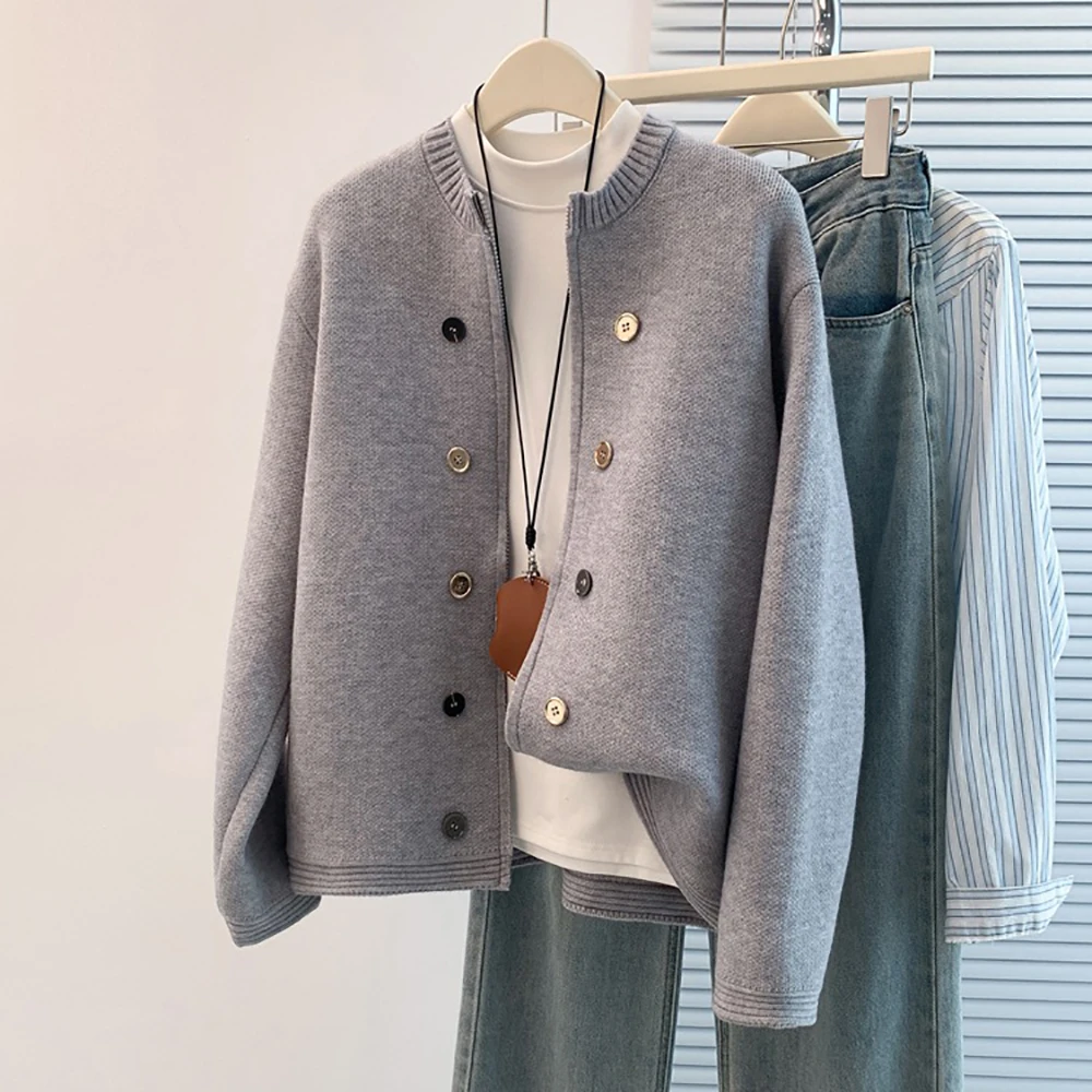 

Корейский серый вязаный кардиган для женщин, весна-осень, простой свитер на молнии с круглым вырезом, куртка, повседневная мода, шикарное вязаное пальто