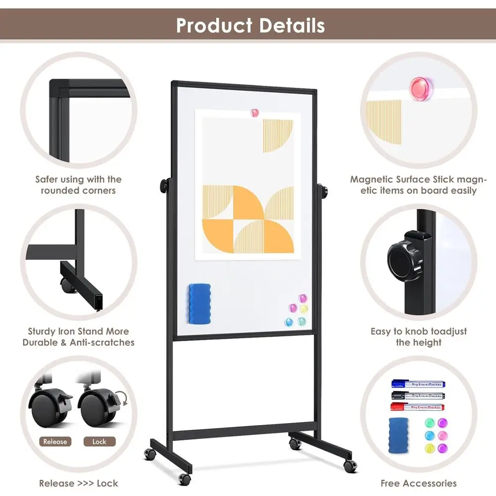 سبورة بيضاء مغناطيسية بارتفاع قابل للتعديل مع لوحة مفلين محمولة، 32 × 48 لعرض المكتب والتخطيط