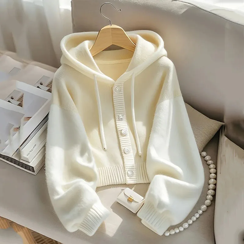 

Autumn Winter New Hooded Cardigan Sweater Women Patchwork Knitted Coat Female Vintage Sweet Long Sleeve High Quality Ladies Tops