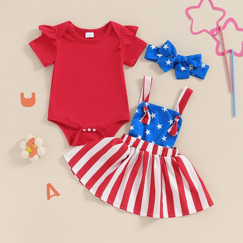 Baby Girls 4th of July Outfit Short Sleeves Rompers and Star Stripe Suspender Skirt Headband 3 Piece Clothes Set