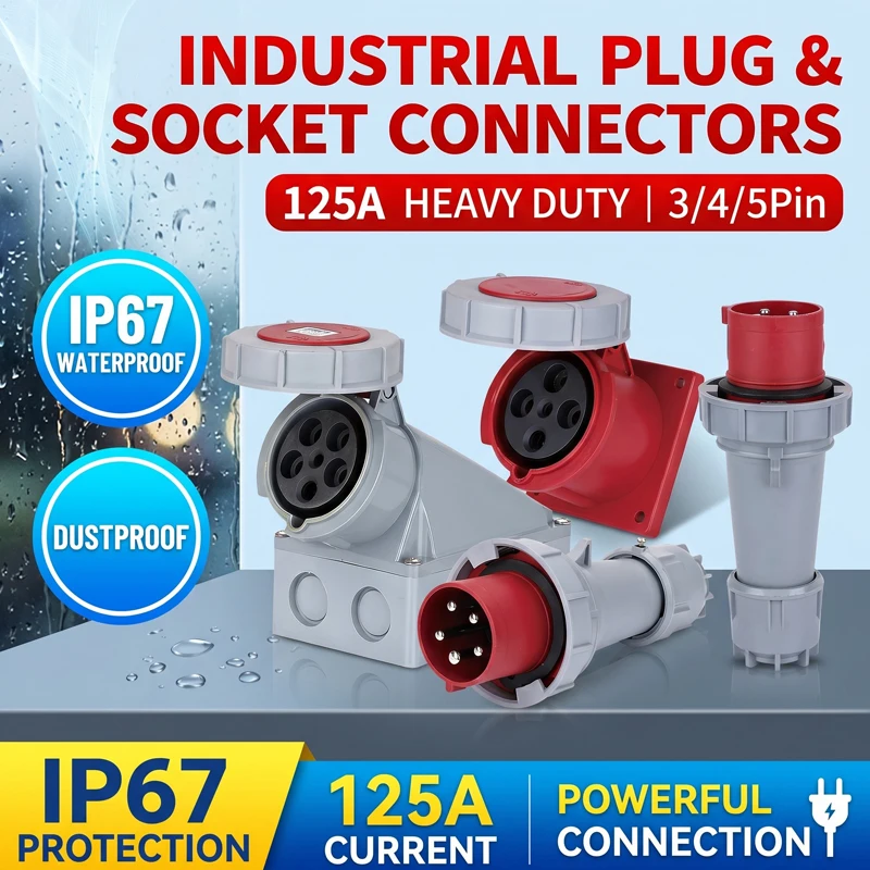 IP67 Rated 125A CEE Power Plug & Socket – 3/4/5 Pin 415V Industrial Receptacle Kit, High Conductivity Copper, CE Certified