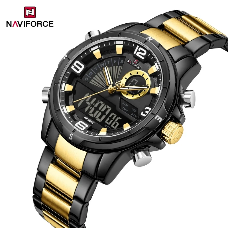 NAVIFORCE Men Dual Display Watch 3ATM Waterproof Luminous Hands Stainless Steel Strap Military Sports Wristwatch Gifts Box