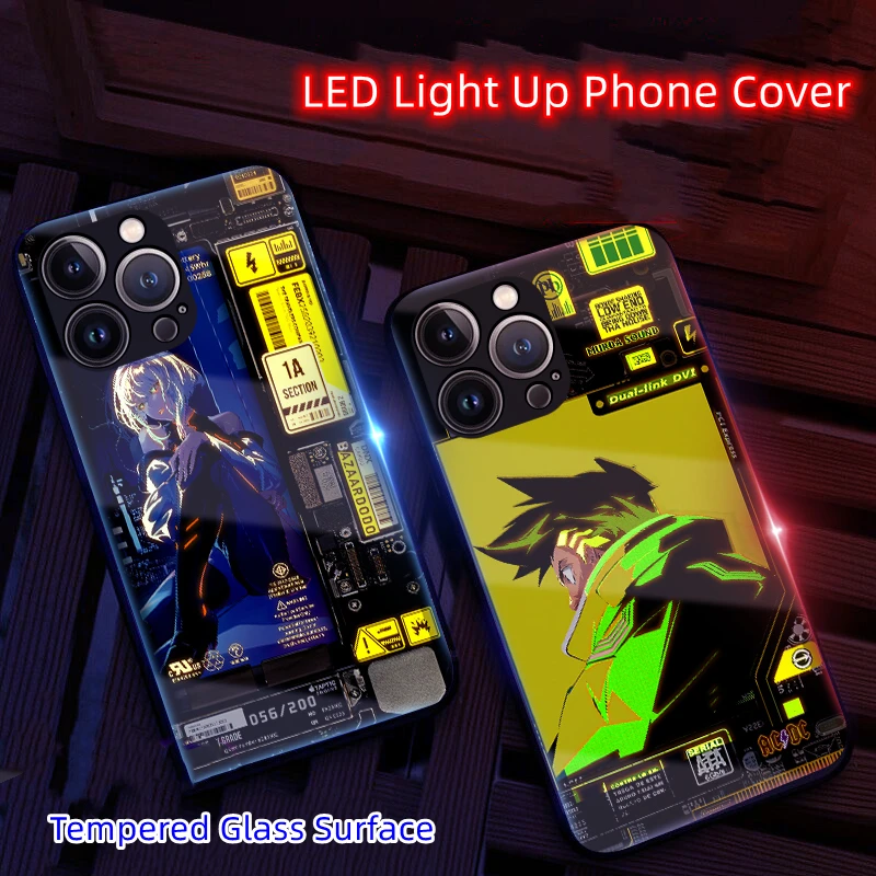 For Punk LED Light Up Tempered Glass Mobile Phone Case For iPhone 14 13 12 11 Pro Max X 8 7 6 SE Soft Frame Anti-fall Back Cover