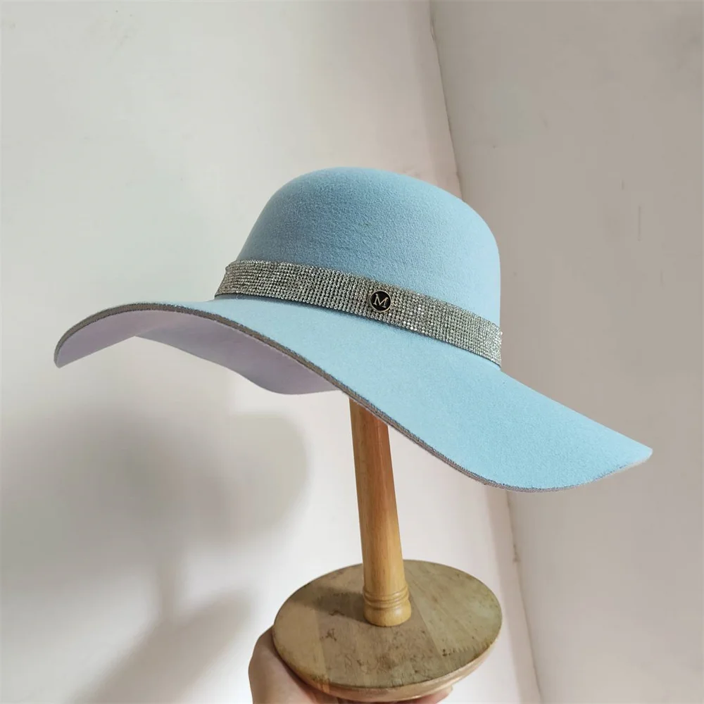 Hepburn Style Women\'s Large Brim Felt Imitation Wool Hat Unisex Fedora Hat Fashionable Round Top Bucket Hat Autumn Winter