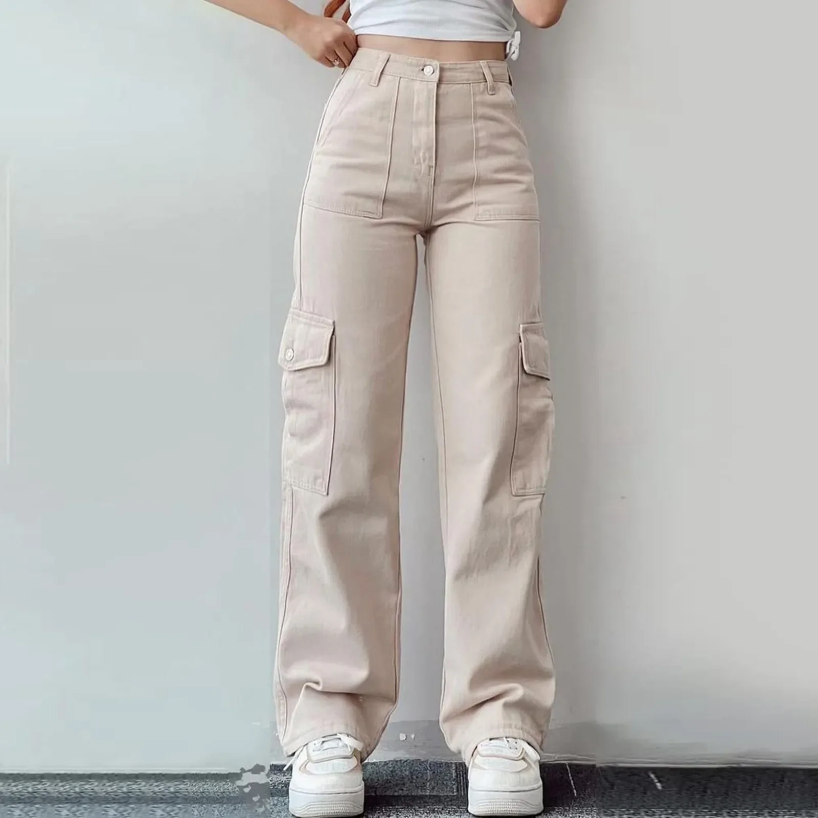 

High Waist Cargo Pants Women's Multi Pocket Trousers Elastic Waist Cargo Trousers Full Length Casual Straight Pants Female