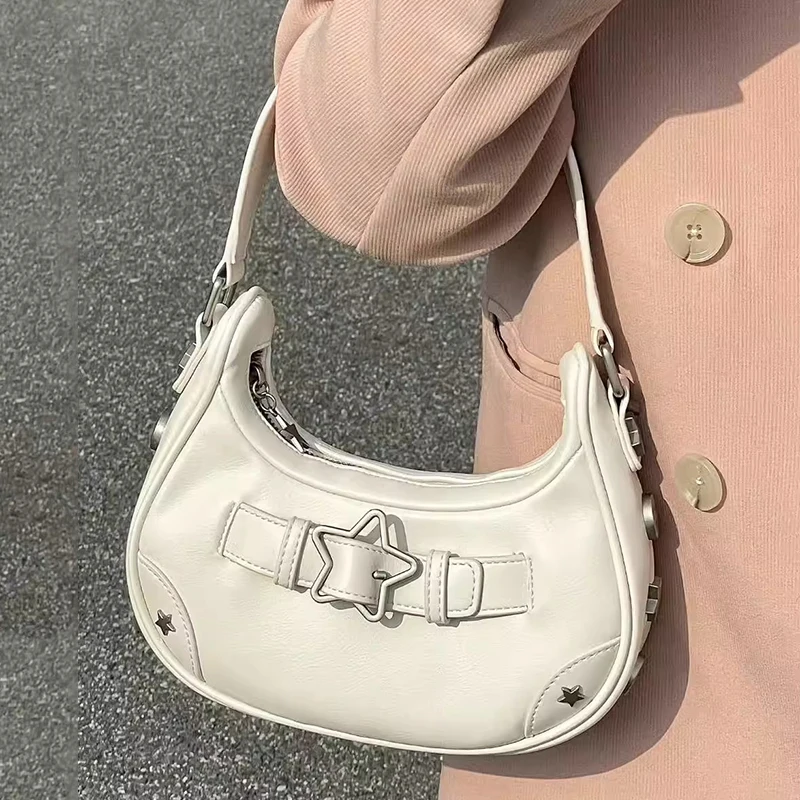 Vintage Lässige Niedliche Weiße Stern-Schultertasche Damen Umhängetaschen Leder-Reißverschlusstaschen Handtaschen für Frauen – Detail 9