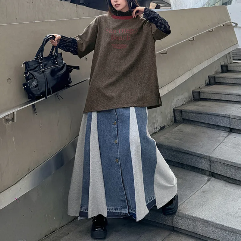 HKSH 2026 Spring Autumn New Women Set Letter Embroidery Short Sleeves Knitted Top Buttoned Color Block Denim Skirt Trend HK18780