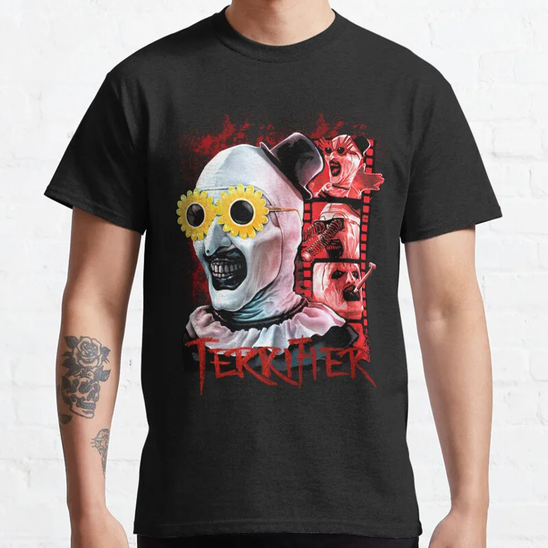 Vintage Horror Terrifier film Sunflower Sunglasses The Clown Art Halloween evil Scream film Killer clown Printed t shirt for men