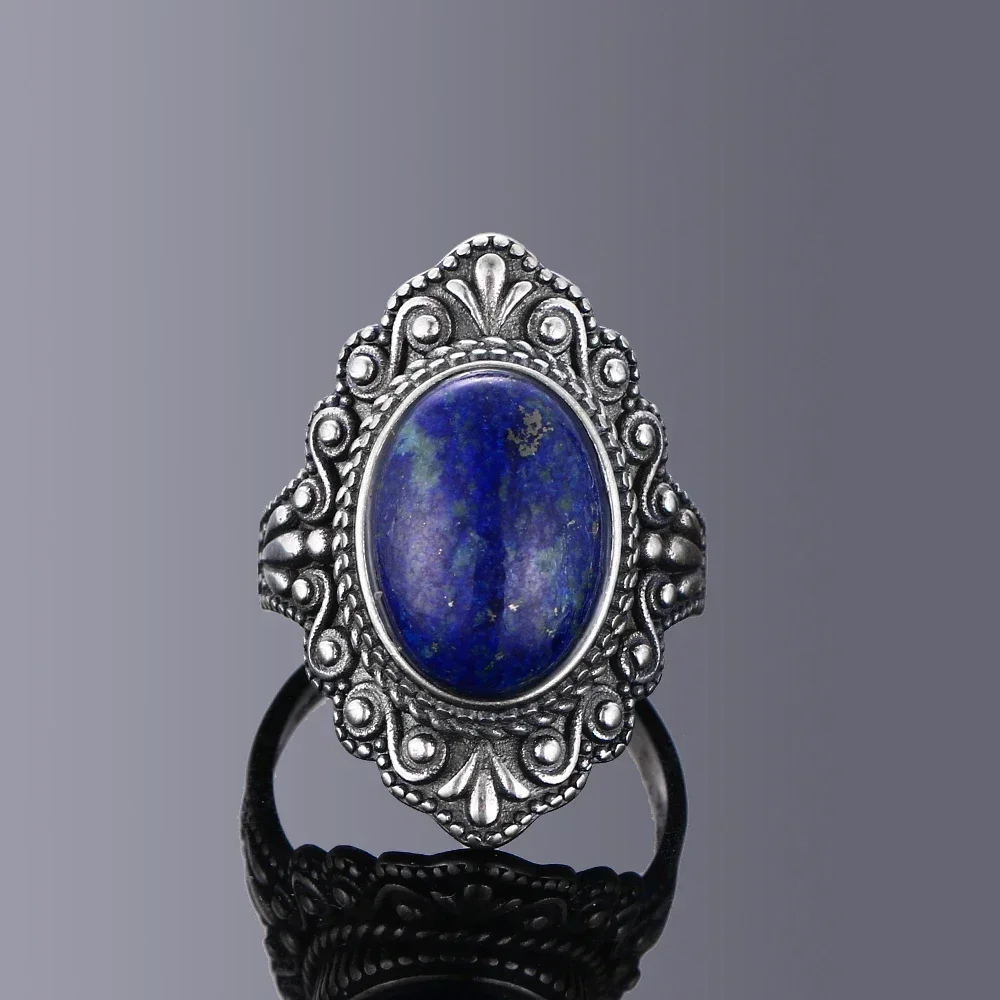 Cincin perak murni 925 alami Oval besar alami Lapis Lazuli untuk wanita pria hadiah Vintage cincin besar grosir perhiasan bagus