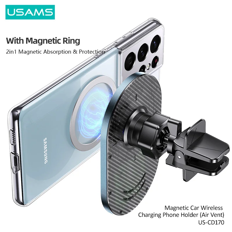 USAMS Magnetic Car Wireless Charger for iPhone 13 12 11 pro 15W Fast Charging Phone Holder for Xiaomi Samsung Huawei Honor