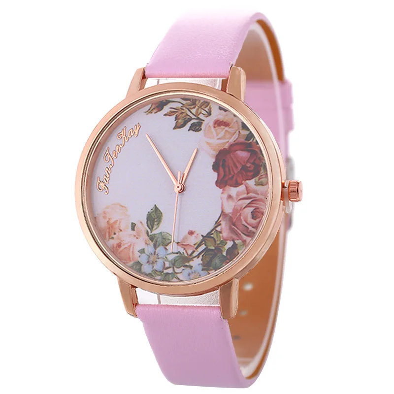 fashion flower pattern pu leather quartz women casual watch