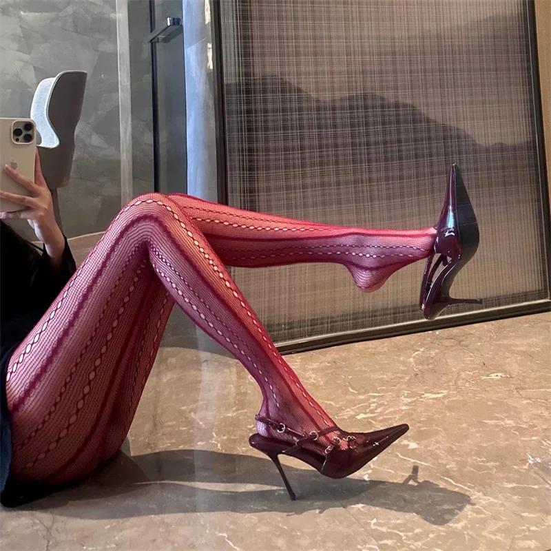 Women Chain Hollowed-out Tights Black Sexy See Through Jacquard American Retro Style Mesh Breathable Lace Fishnet Pantyhose Lady