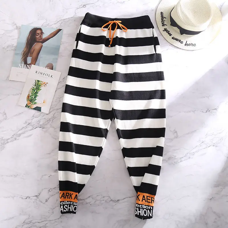 KUSAHIKI Hit Color Knitted Striped Letetrs Harem Pants Lace Up High Waist Women Trousers Causal 2023 Spring Autumn Sweater Pant