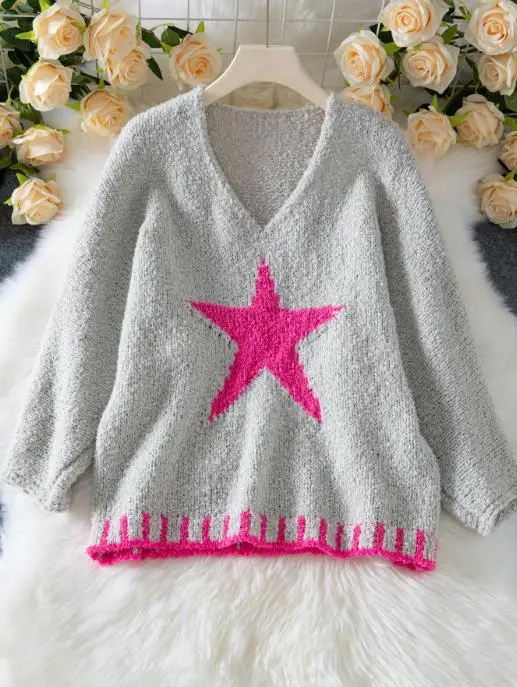 

Pullovers Top Women 2025 Autumn New Daily Clothing Star Pattern Women's Sweater Casual Loose Loop Yarn V-Neck Knitted Sweaters