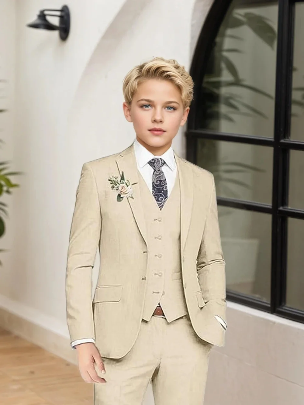 

Linen Boys Suits 3 Pieces Jacket Vest Pants Summer Beach Notched Lapel Children Suit Set Wedding Tuxedo School Activities Wear