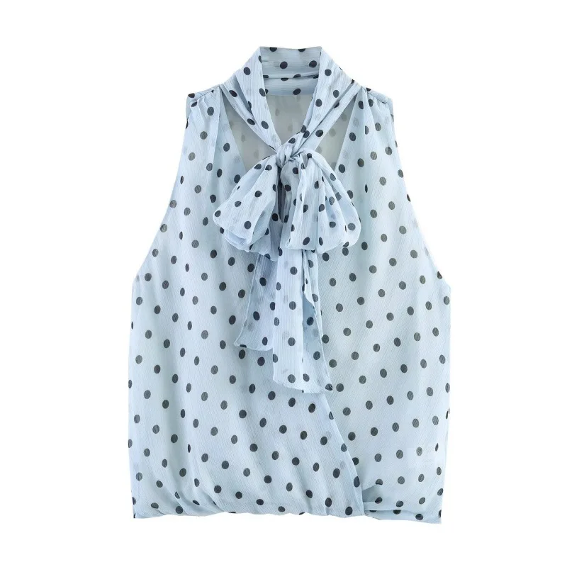 Withered Women's 2026 Summer New Product Sleeveless V-neck Double Breasted Polka Dot Bow Shirt Top