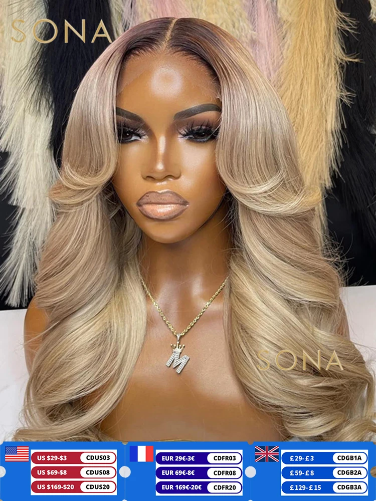 Perruque Lace Front Wig naturelle avec racines foncées, cheveux humains, blond miel ombré, 13x6, 13 tage