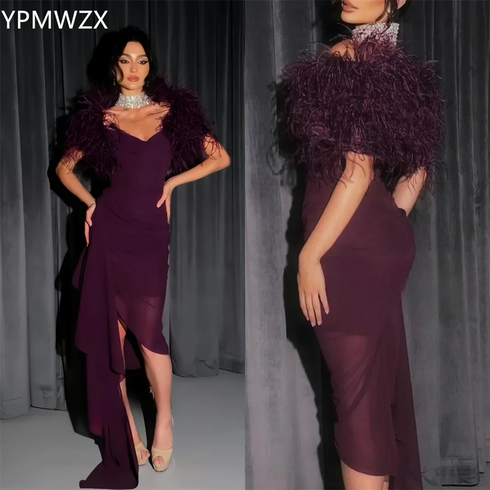 Customized Evening Dress Formal Women Party Occasion YPMWZX V-neck Sheath Floor Length Skirts Feather Bespoke  Dresses P