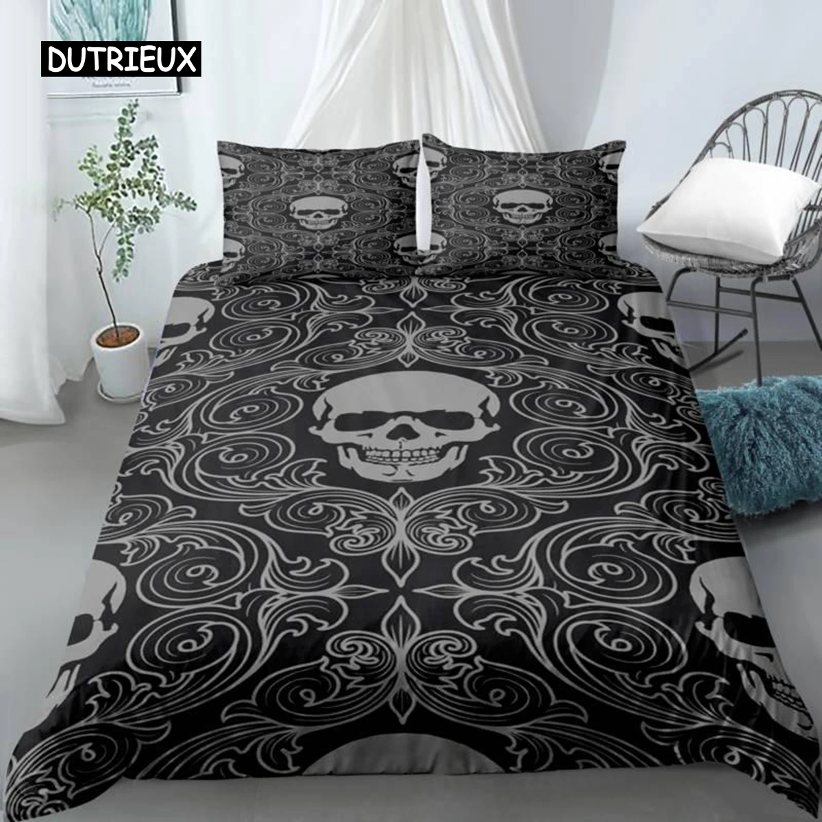 

Skull Duvet Cover Set Queen Black Skeleton Paisley Floral Pattern Bedding Set for Teen Adult Polyester Halloween Comforter Cover